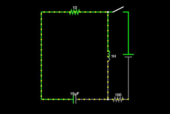 An LRC circuit with colored voltage and current indicators in Falstad's simulator.