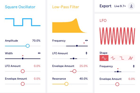 Oscillator, filter, and envelope controls in Ableton's Learning Synths playground.