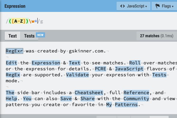 A regular expression and its highlighted matches in RegExr.